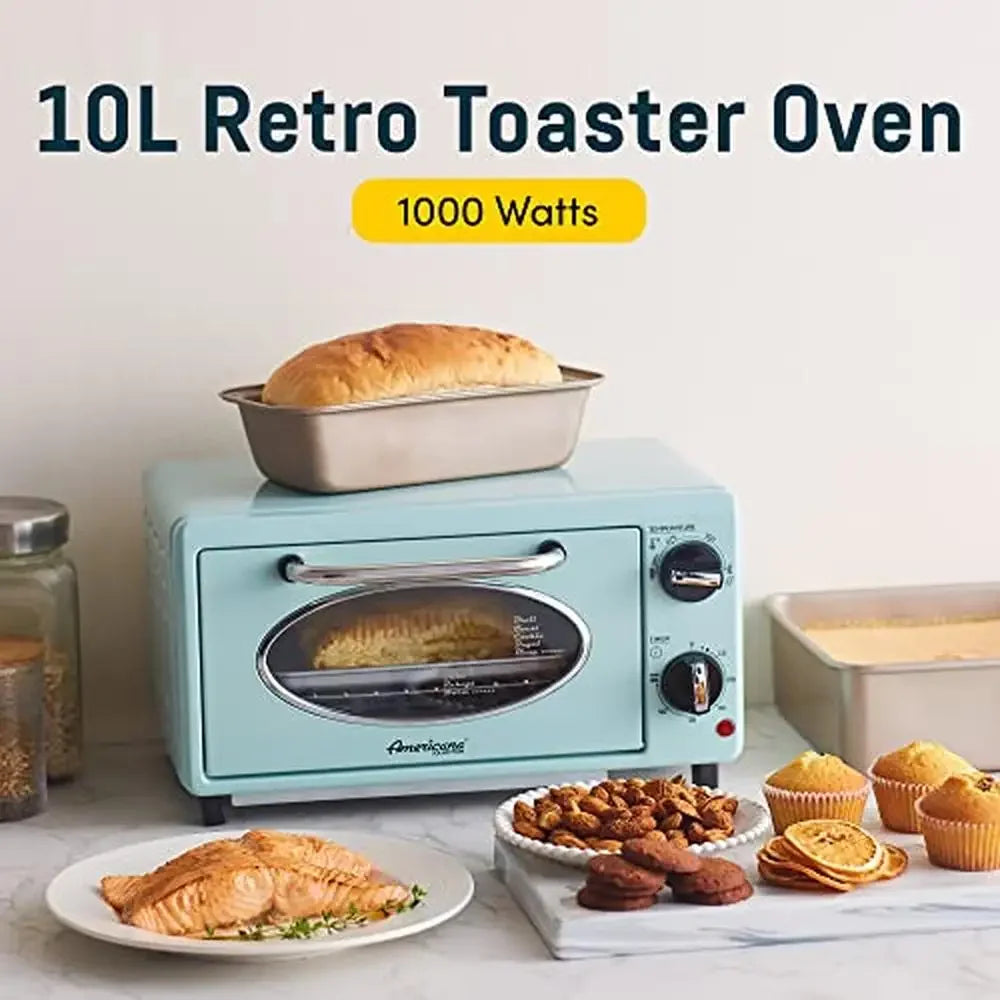 50's Retro Countertop Toaster Oven Mint Accents Bake Toast 8" Pizza Temperature Control Accessories Included Vintage Art Deco