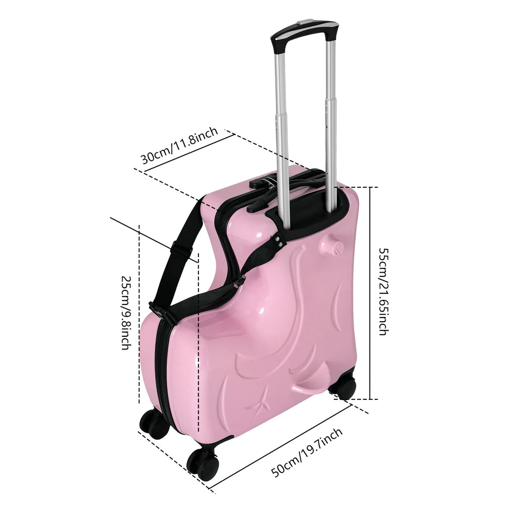 Horse Shaped Pink Luggage Case Kids Ride-On Roll Suitcase Luggage Bags Wheeled Trolley Lugg ≤30kg for Children Aged 3-6
