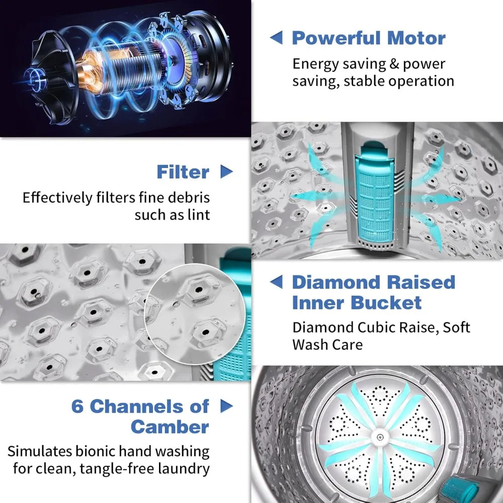 2 in 1 Full Automatic Washing Machine, 15.6Lbs Top Load Portable Washer with Drain Pump, 10 Wash Programs 8 Water Level Washer