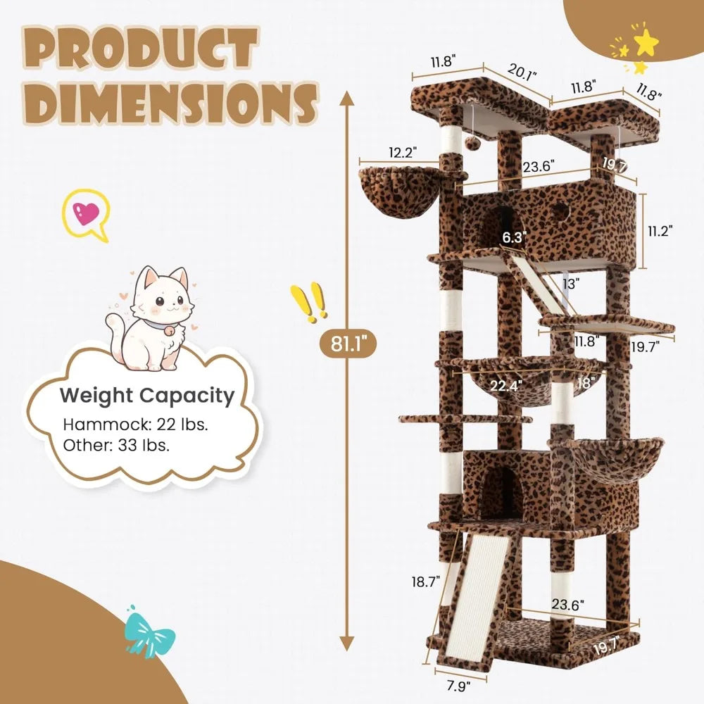 81in Multi-Level Tall Cat Tree Tower for Indoor Kitties/Larger Cat Condo Furniture with Hammock/Cozy Pussycat Perches/Sisal Scr