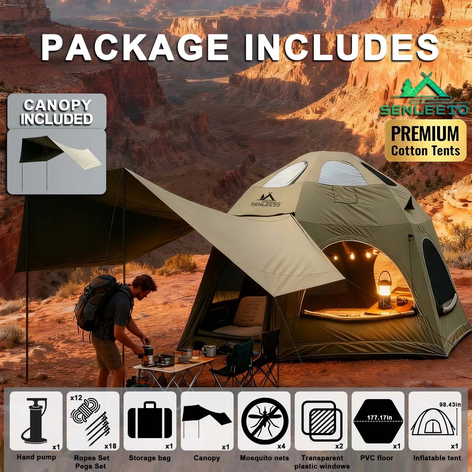 142 SqFt²  Army Green Dome Inflatable Camping Tents for Family,4 Season Cotton Glamping Air Tent with Canopy,AC Vent