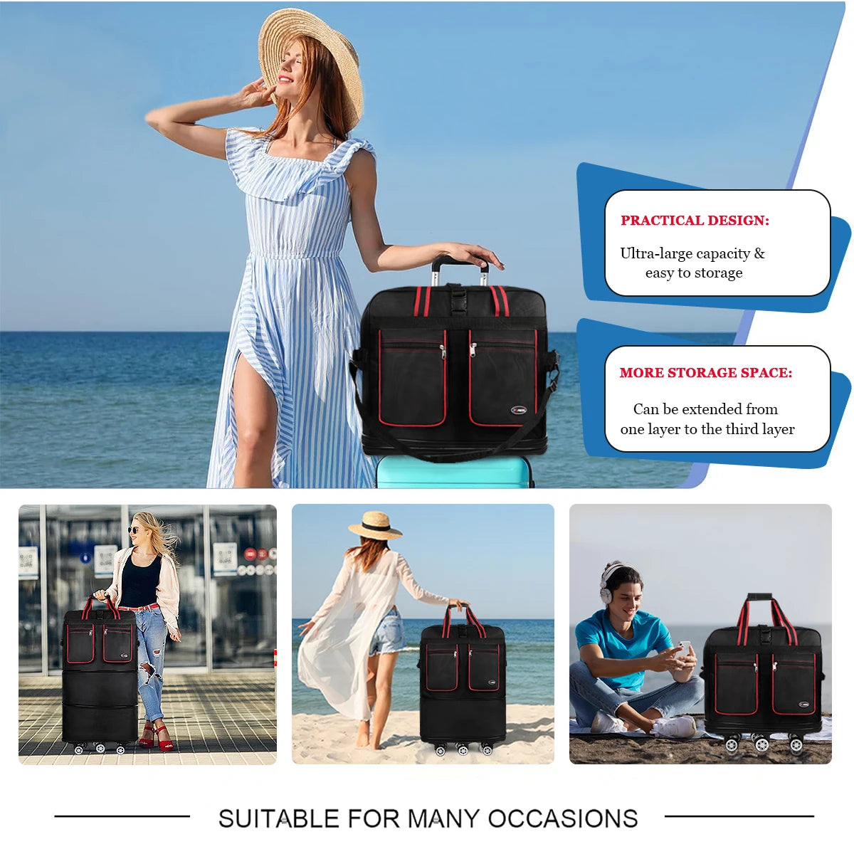 Foldable Travel Bag Hand Carry Duffel Bag with Wheels Expandable Rolling Travel Bag Large Capacity Waterproof Luggage Bag