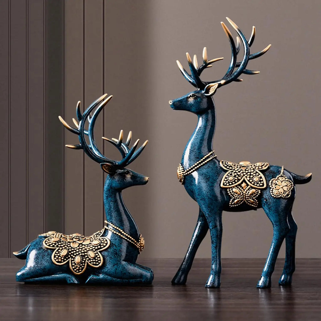 2PCS Blue Christmas Deer Decor-Resin Reindeer Statues (Sitting&Standing),Collectible Figurines for Home Office Tabletop Ornament