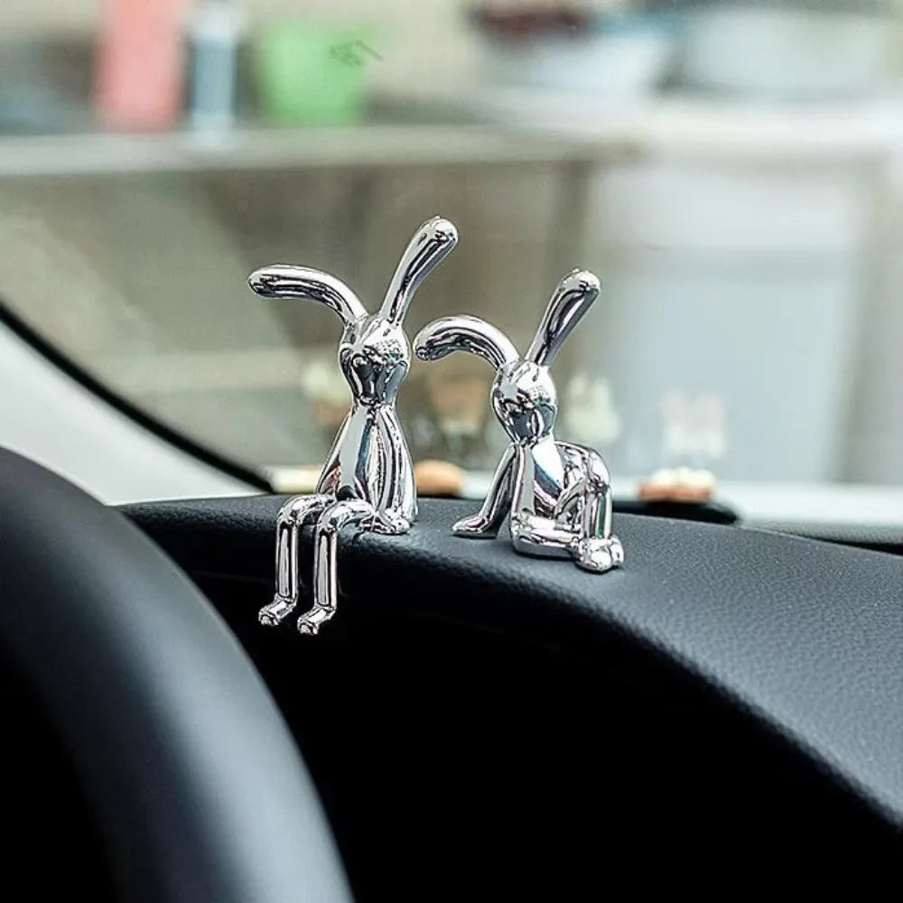 2PCS Gold Silver Long Eared Rabbit Figurine Miniatures Car Decor Pastable Plating Rabbit 3D DIY Statue Home Furnishings Ornament