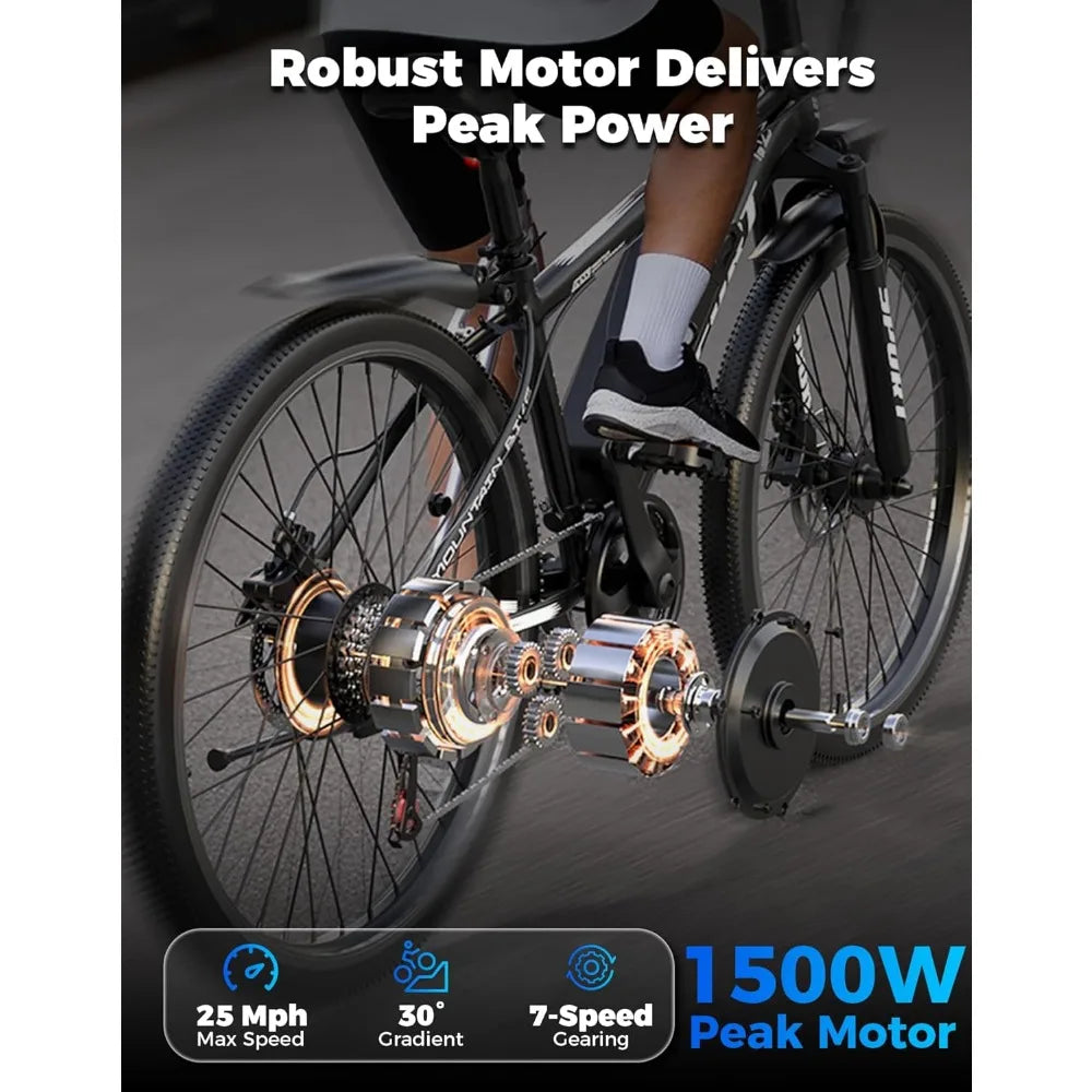 Electric Bike for Adults, 1500W Peak Mountain Ebike with 28 MPH, 65 Miles Range, 7 Speeds, 48V 10Ah Removable Battery Ebike