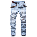 Men's Classic Retro Slim Fit Jeans with Patches and Rips; Men's Distressed Jeans; Men's Jeans with Zipper Decor LY054