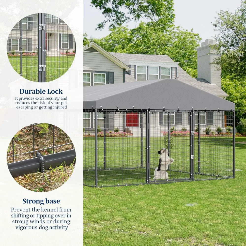 Large Outdoor Dog Kennel - 10x10x6, Heavy-Duty Galvanized Steel Construction, Double Lock Security