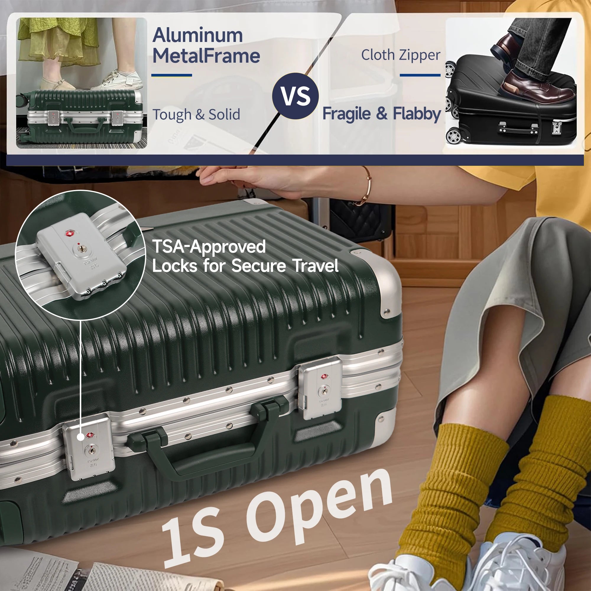 20” Travel Suitcase Men Women Carry-On Luggage Aluminum Frame Trolley Case with Wheels &TSA Lock Hardside 4X Anti-Impact