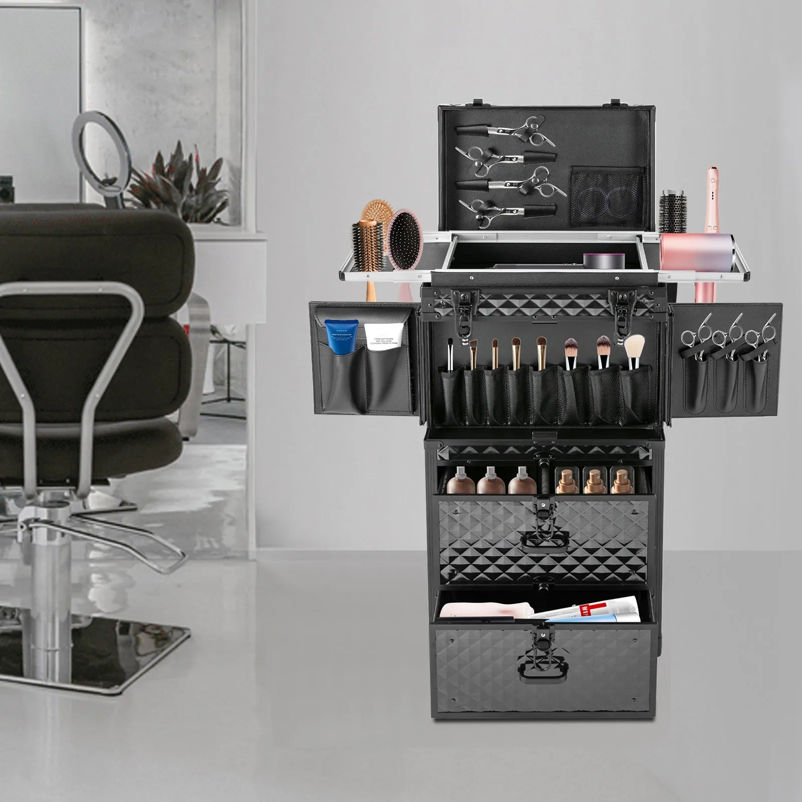 82 * 39cm Rolling Makeup Case Travel Make Up Case  Rolling Beauty Salon Storage with Hair Dryer Holder and 4 Universal Wheels