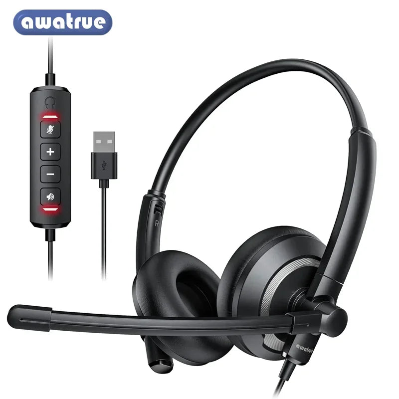 AWATRUE EH05 Wired USB Headset with Noise Cancelling Microphone Lightweight in-Line Control Enhanced Sound for PC Laptop