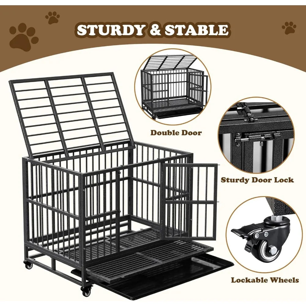 dog crate with removable tray, 37/42/46 inch indestructible and escape proof steel dog cage kennel for high anxiety dogs, heavy