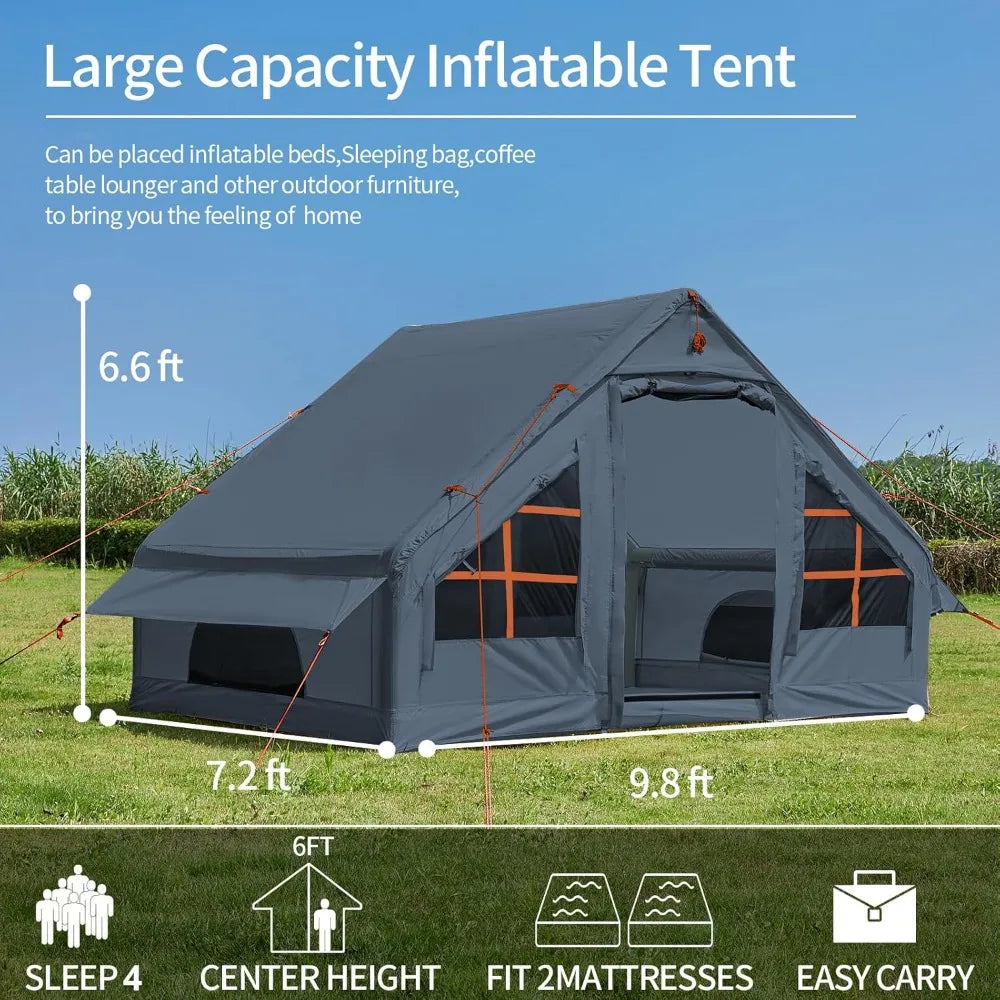inflatable tent with pump,4-6 person instant glamping camping tents house, easy setup blow up family tents for 4 seasons
