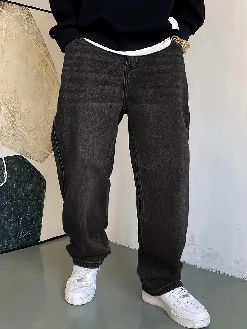 Mens' Fashionable Light Blue Straight Leg Jeans - Loose Fit, Casual Trend, Hip-Hop Street Dance Inspired, Skateboard Cycling Spo