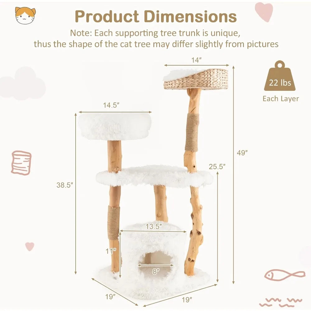 49 inch Cat Tree for Indoor Cats, Cute Solid Wood Modern Multi-Level Cat Tower with Scratching Posts, Top Cattail Basket