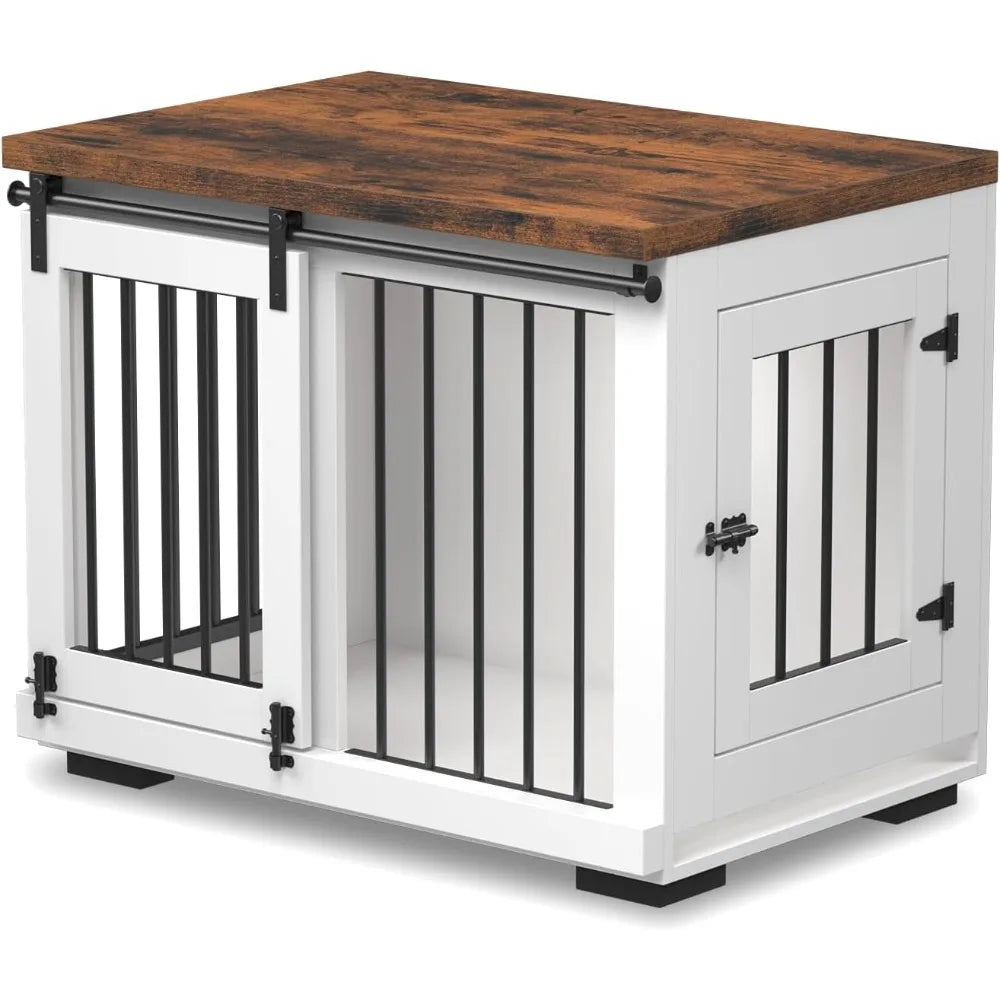 Masterpiece Dog Crate Furniture Barn Door For Medium Dogs Up To 40 Lbs. - Puppy Kennel W/Thickened Farmhouse Top & Steel Bars -