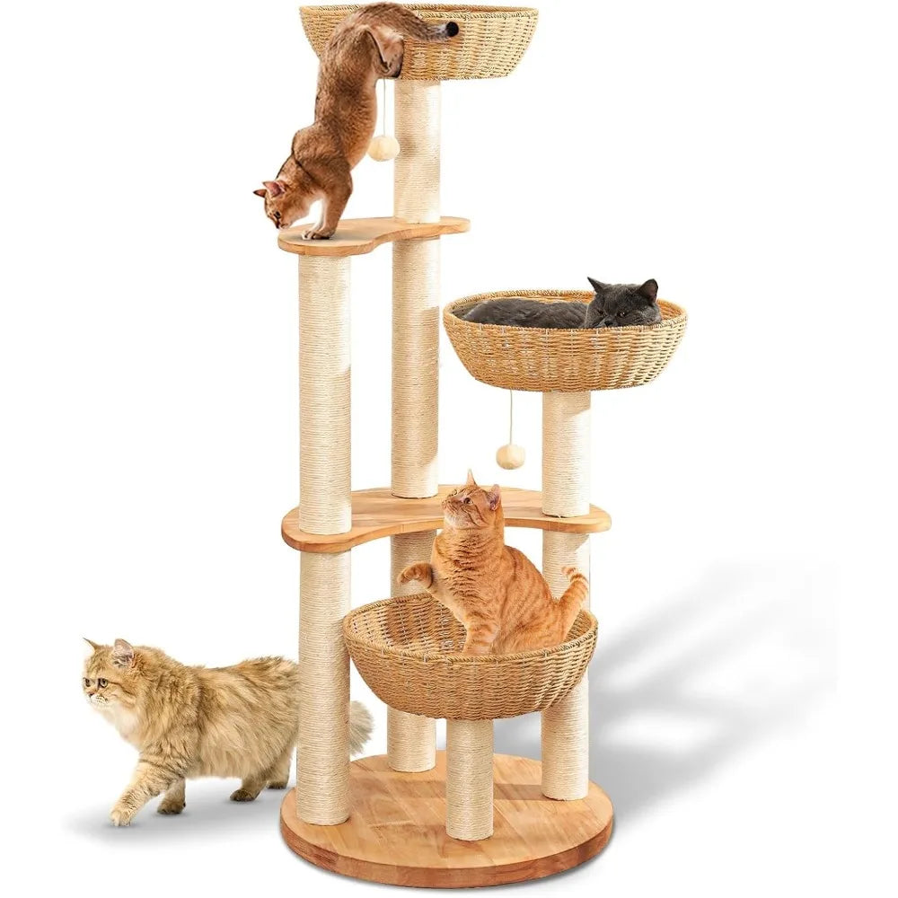 Indoor Cat Tree Tower for Multiple Large Cats, Handcrafted Oak Scratching Post, Luxurious Woven Cat Condo