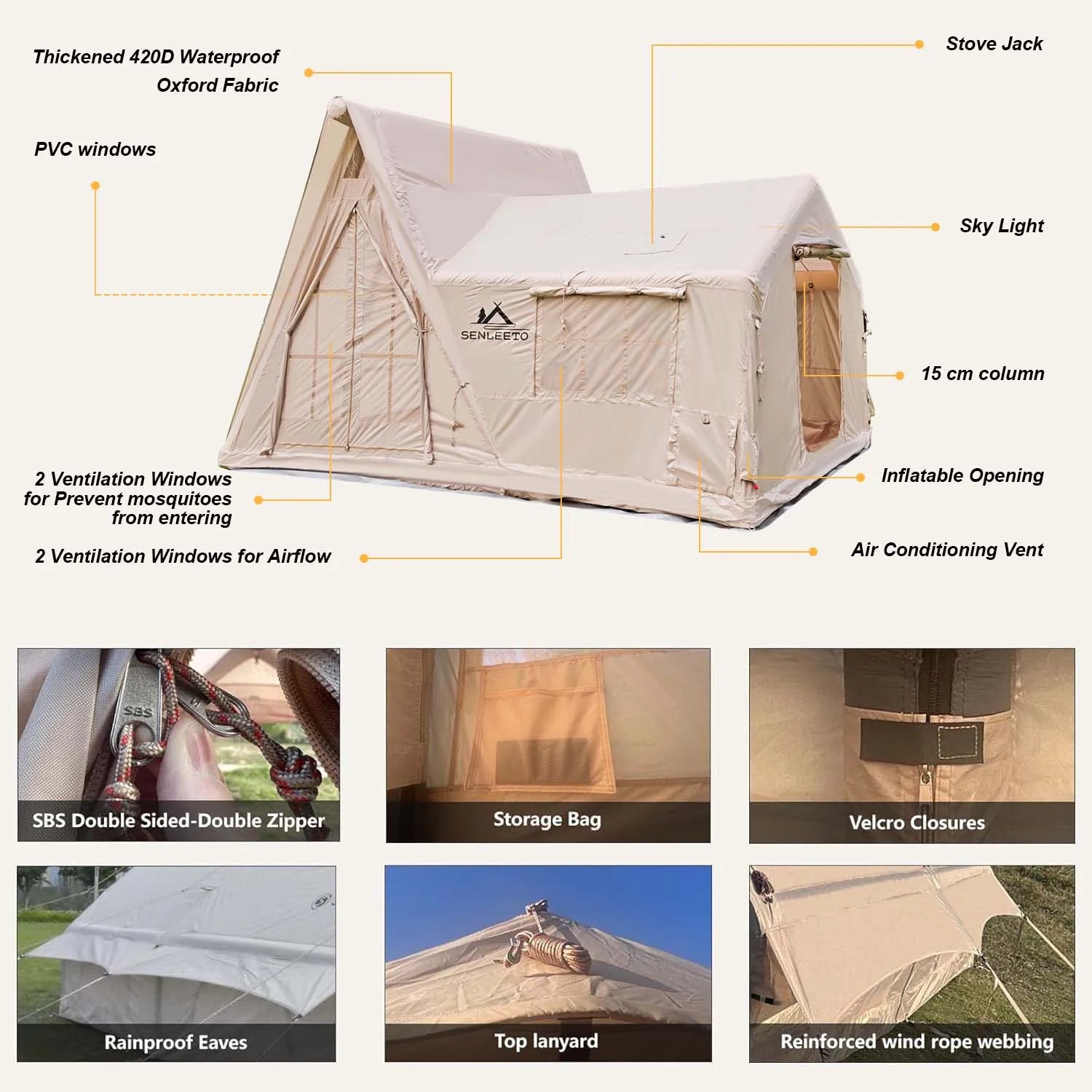 Inflatable Tents for Camping, 8 Person Tent with TPU Skylight, Mesh Windows & Pump, Easy Setup 4 Season Glamping Tent
