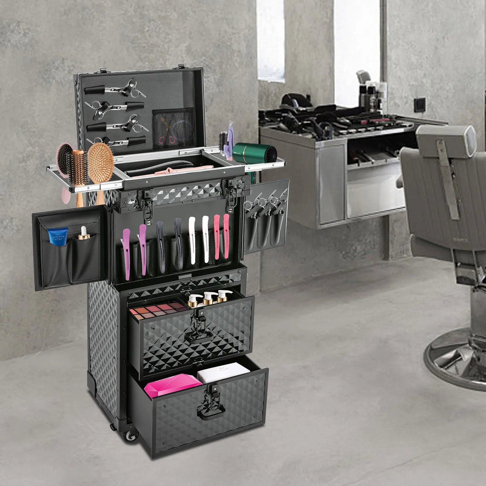 82 * 39cm Rolling Makeup Case Travel Make Up Case  Rolling Beauty Salon Storage with Hair Dryer Holder and 4 Universal Wheels