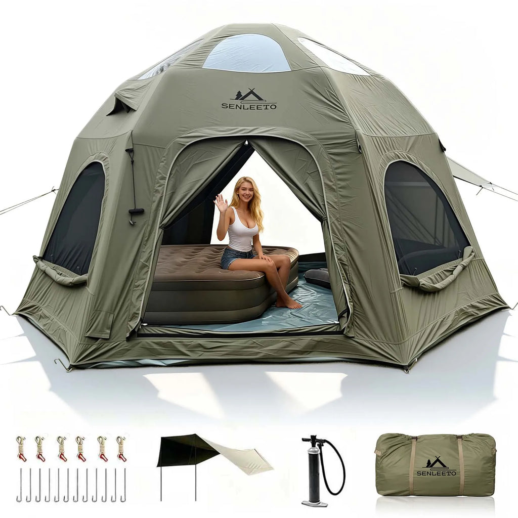 142 SqFt²  Army Green Dome Inflatable Camping Tents for Family,4 Season Cotton Glamping Air Tent with Canopy,AC Vent