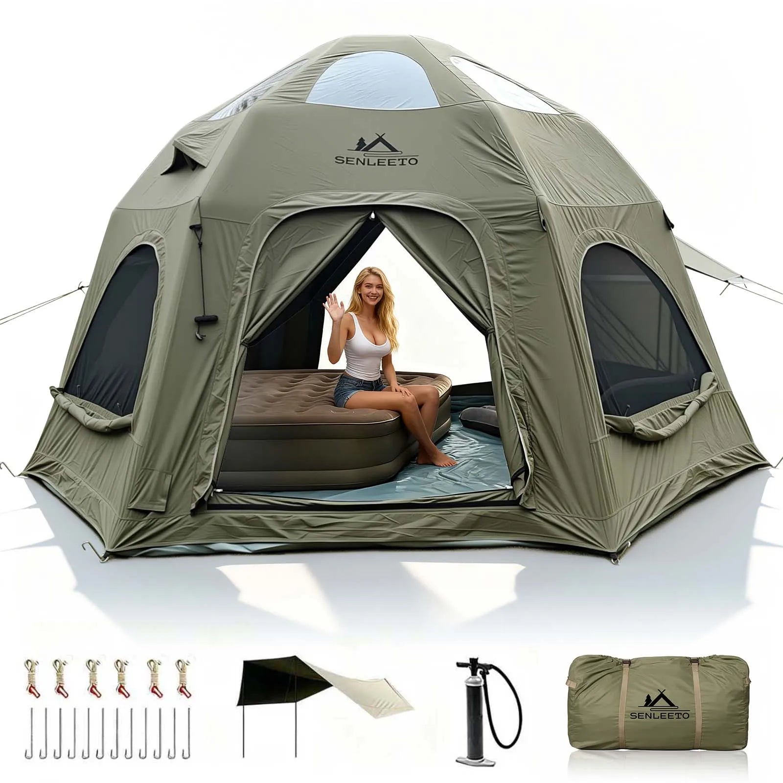 142 SqFt²  Army Green Dome Inflatable Camping Tents for Family,4 Season Cotton Glamping Air Tent with Canopy,AC Vent