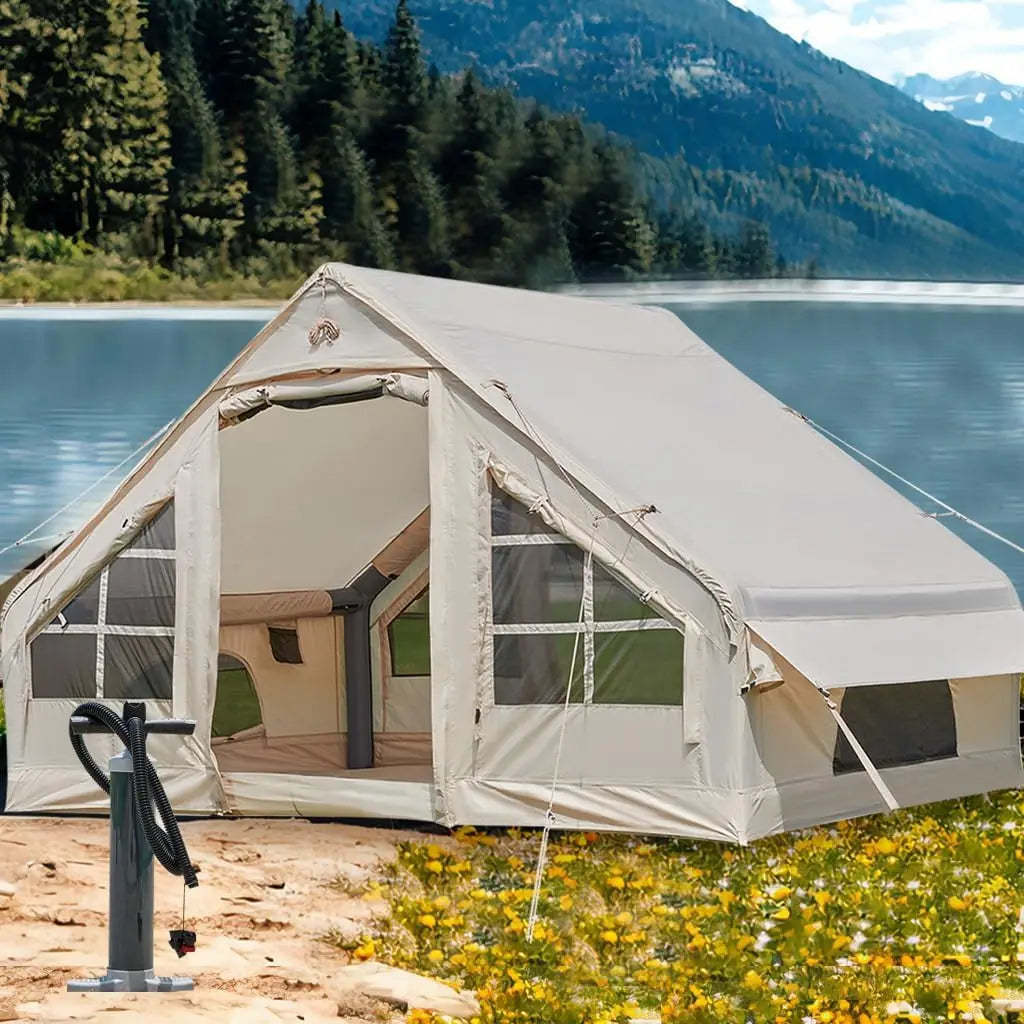 inflatable tent with pump,4-6 person instant glamping camping tents house, easy setup blow up family tents for 4 seasons