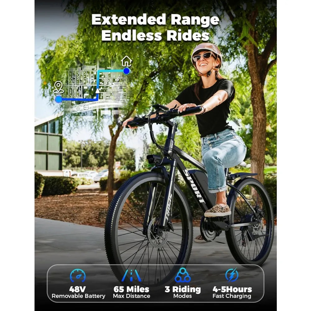 Electric Bike for Adults, 1500W Peak Mountain Ebike with 28 MPH, 65 Miles Range, 7 Speeds, 48V 10Ah Removable Battery Ebike