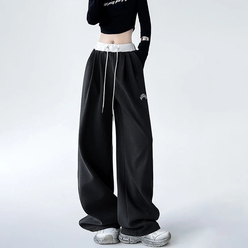 Vintage Letter Embroidery Y2K Sweatpants for Woman Chic Patchwork Design Casual Trousers Autumn Winter High Waist Straight Pants