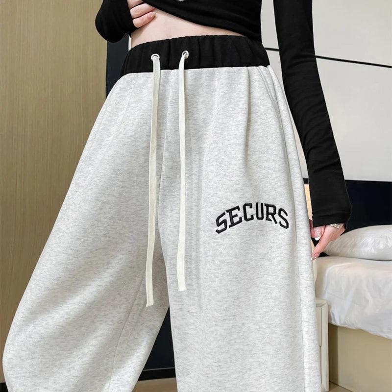 Vintage Letter Embroidery Y2K Sweatpants for Woman Chic Patchwork Design Casual Trousers Autumn Winter High Waist Straight Pants