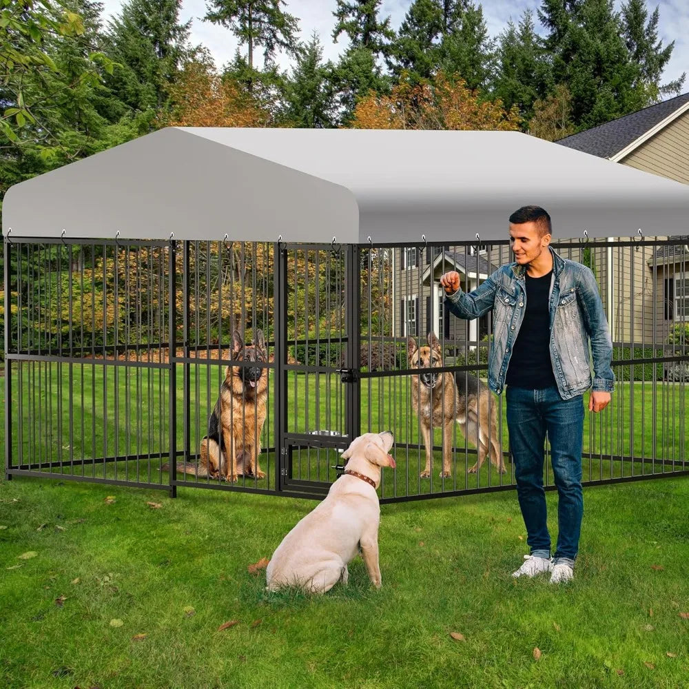 10x10x6 Large Outdoor Dog Kennel - Heavy Duty Cage with Lock, Waterproof Roof, and Swivel Stainless Steel Feeder