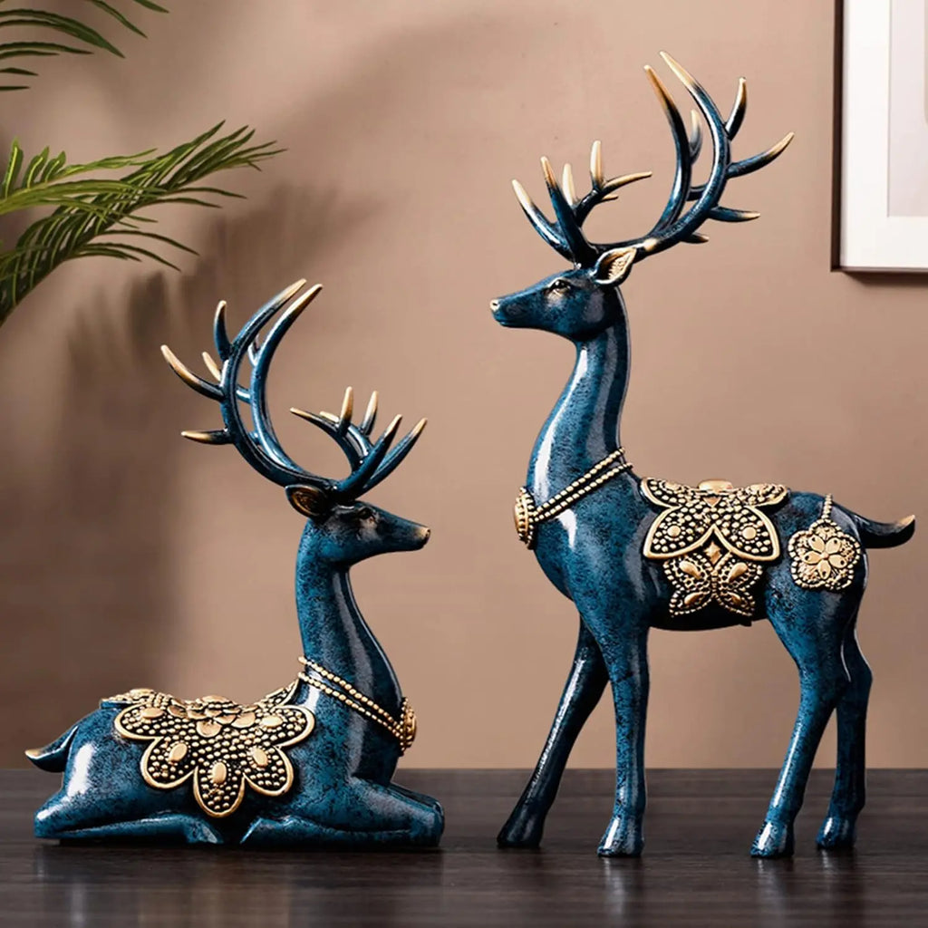 2PCS Blue Christmas Deer Decor-Resin Reindeer Statues (Sitting&Standing),Collectible Figurines for Home Office Tabletop Ornament