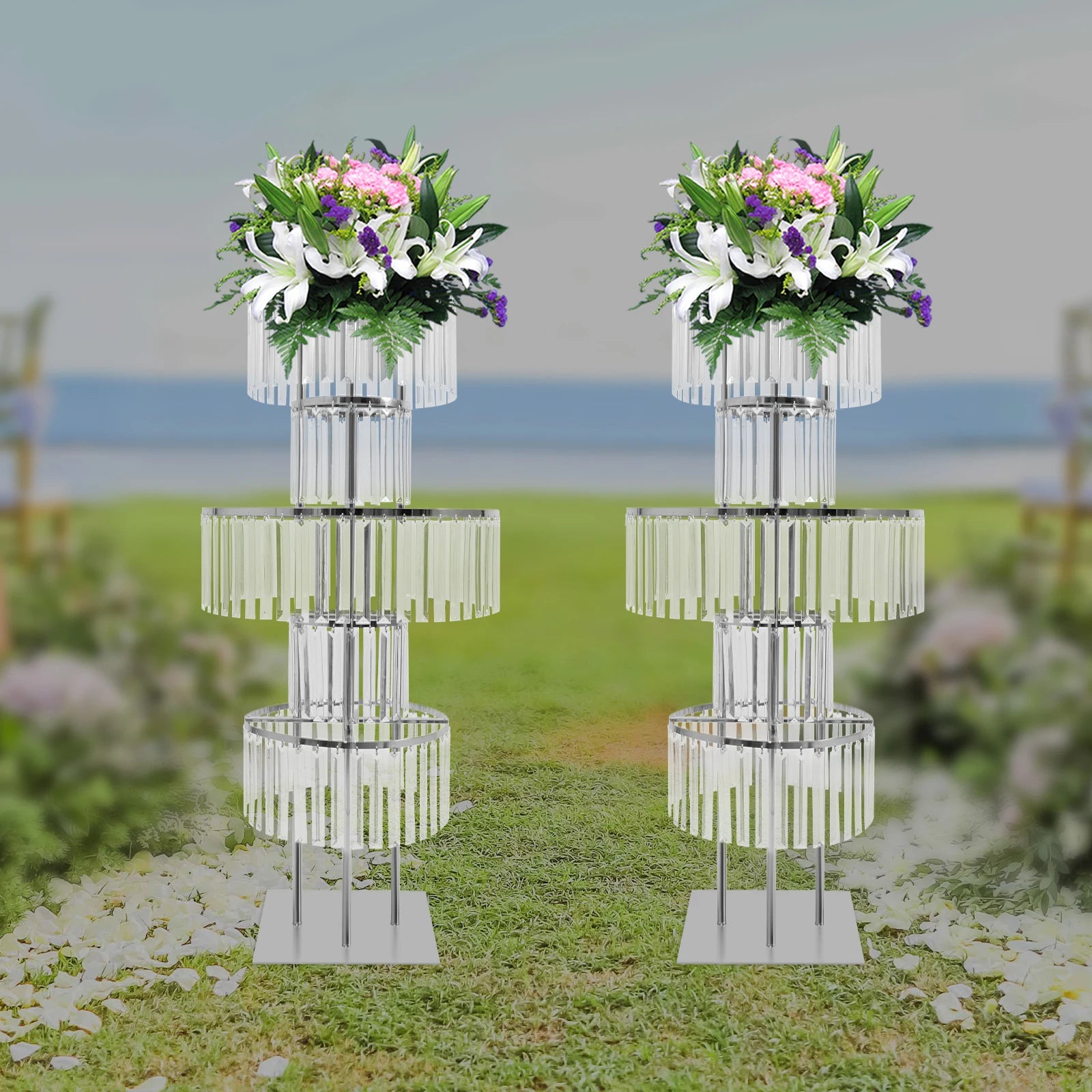 2Pcs 43.3" Silvery Acrylic Flower Vase 5 Tiers Wedding Centerpieces Vase,W/ Hanging Crystals, for Party Hotel Table Decoration