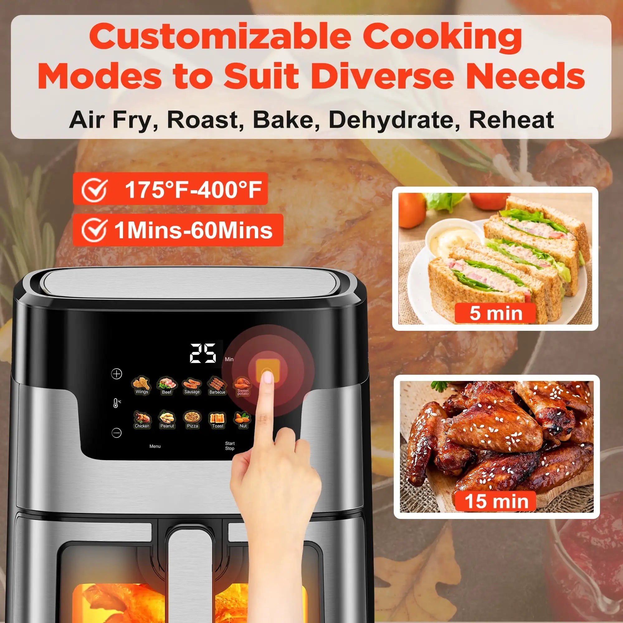 Air Fryer Oven, 10-in-1 7.5Qt Multifunction Air Fryer with Digital LED Touch Screen, 10 Preset Cookings, Dishwasher-Safe Basket,