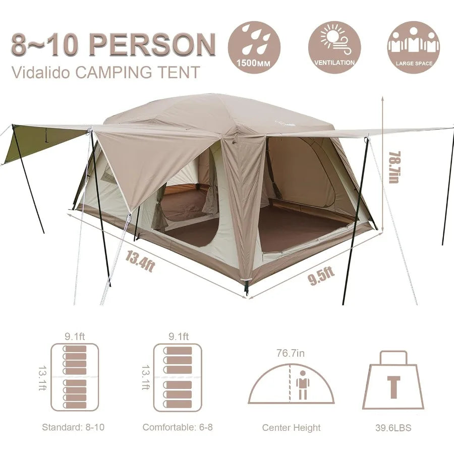 Vidalido 810 Person Camping Tent with 3 Door 2 Room Large Family Cabin Tents Double Layer Waterproof Portable Glamping Tent for