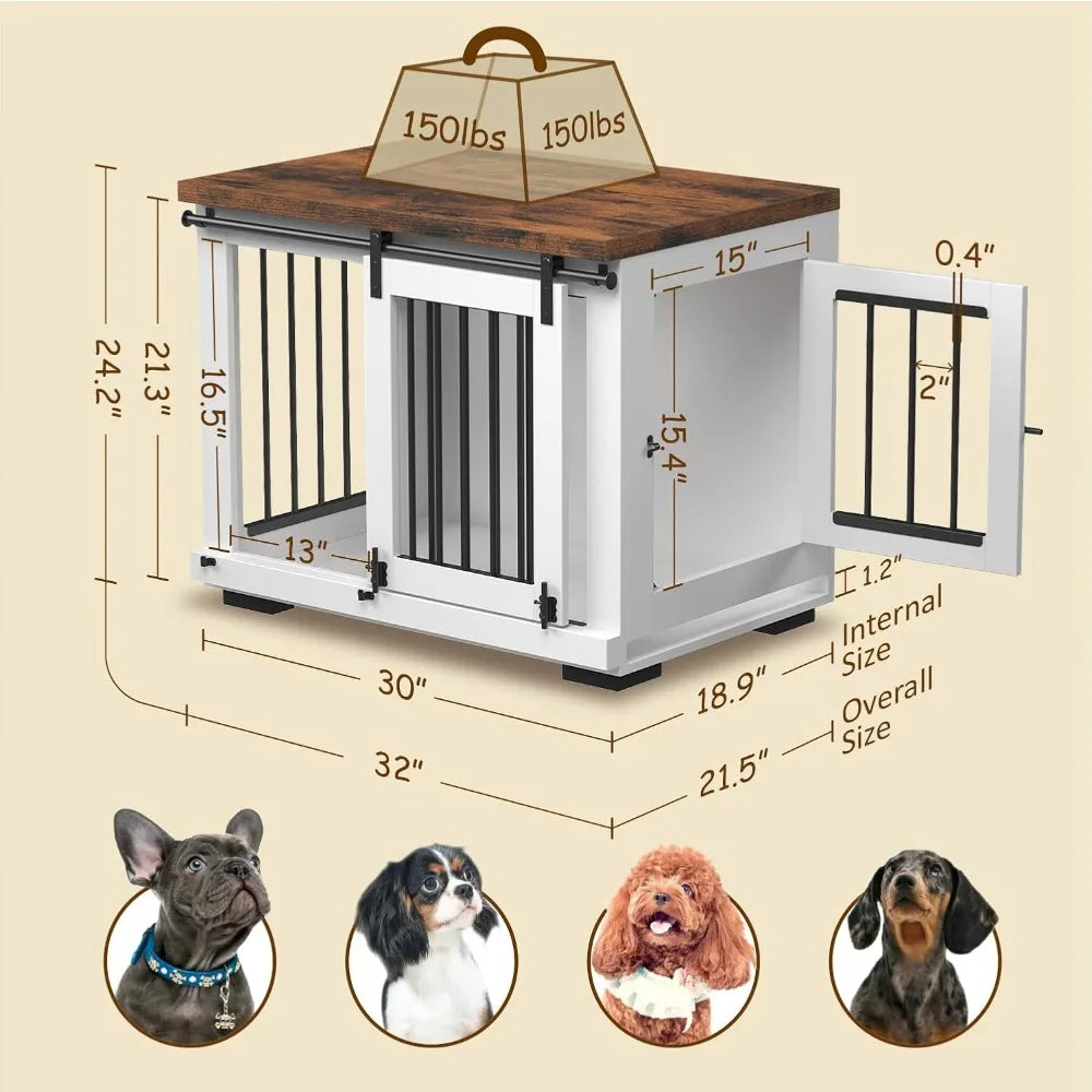 Masterpiece Dog Crate Furniture Barn Door For Medium Dogs Up To 40 Lbs. - Puppy Kennel W/Thickened Farmhouse Top & Steel Bars -