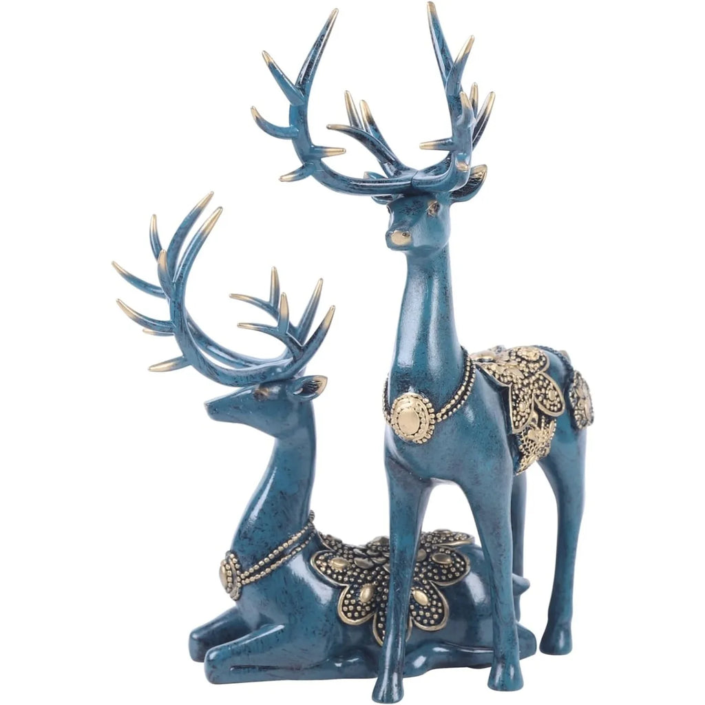 2PCS Blue Christmas Deer Decor-Resin Reindeer Statues (Sitting&Standing),Collectible Figurines for Home Office Tabletop Ornament