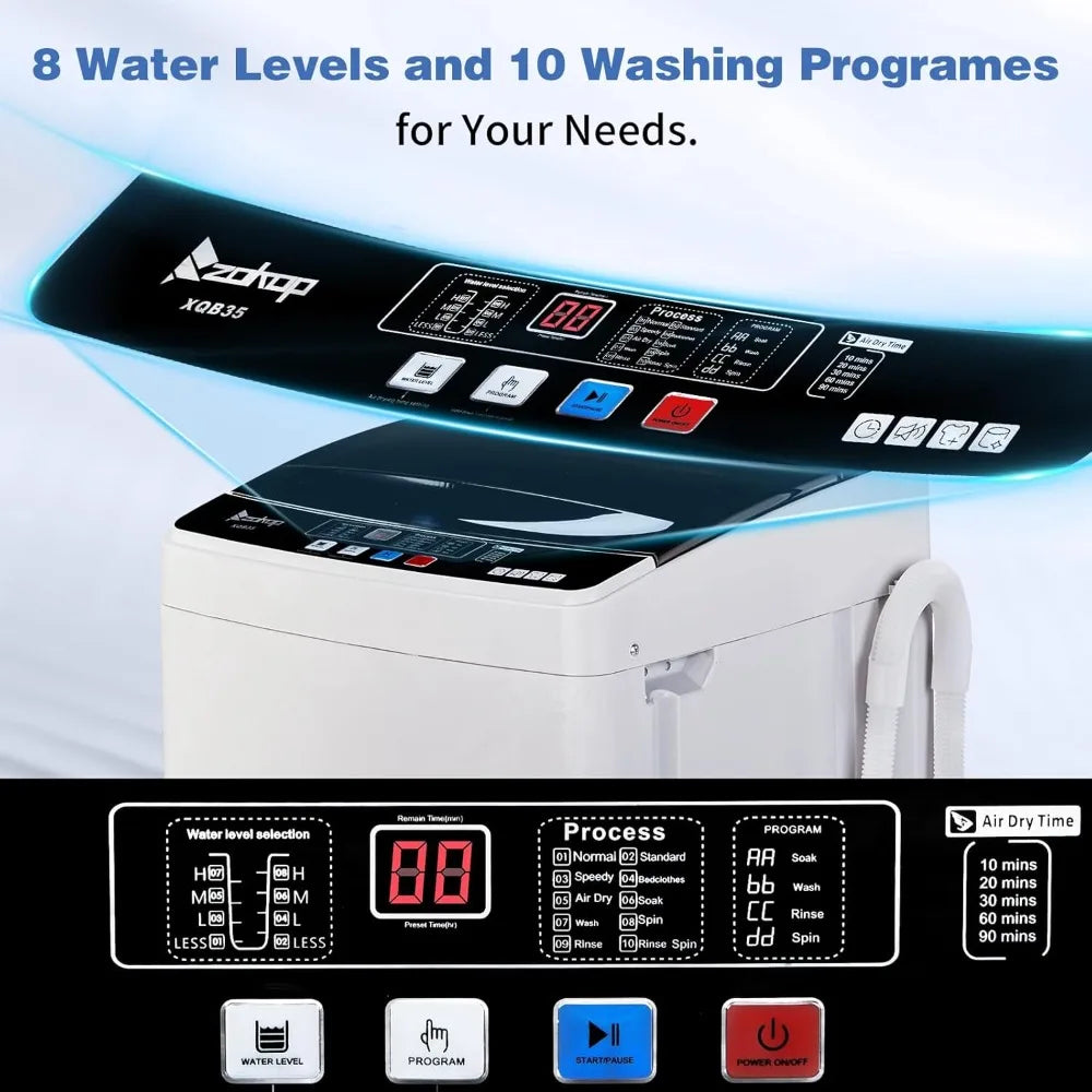 2 in 1 Full Automatic Washing Machine, 15.6Lbs Top Load Portable Washer with Drain Pump, 10 Wash Programs 8 Water Level Washer
