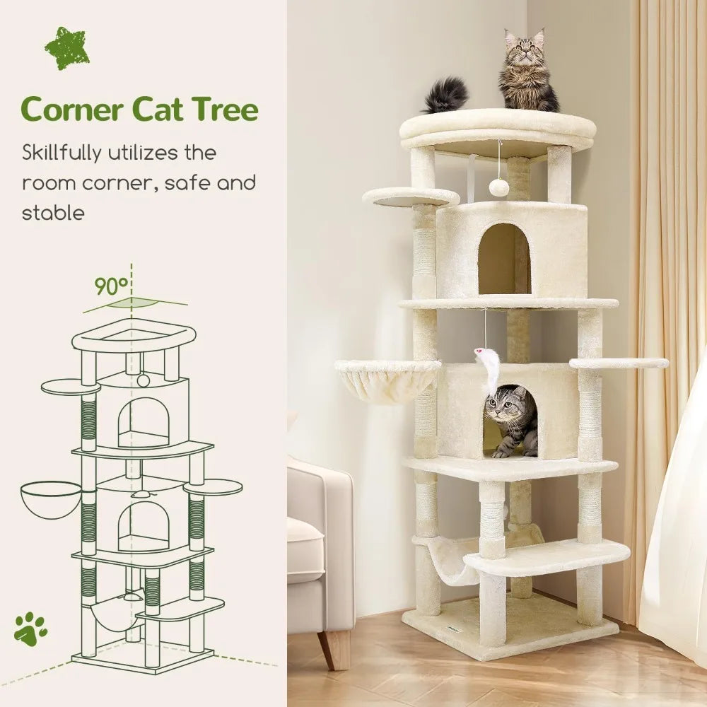 Globlazer Corner Cat Tree for Large Cats, 66inch Tall Curved Series Large Cat Tower for Multiple Indoor Cats with 6 Scratching P