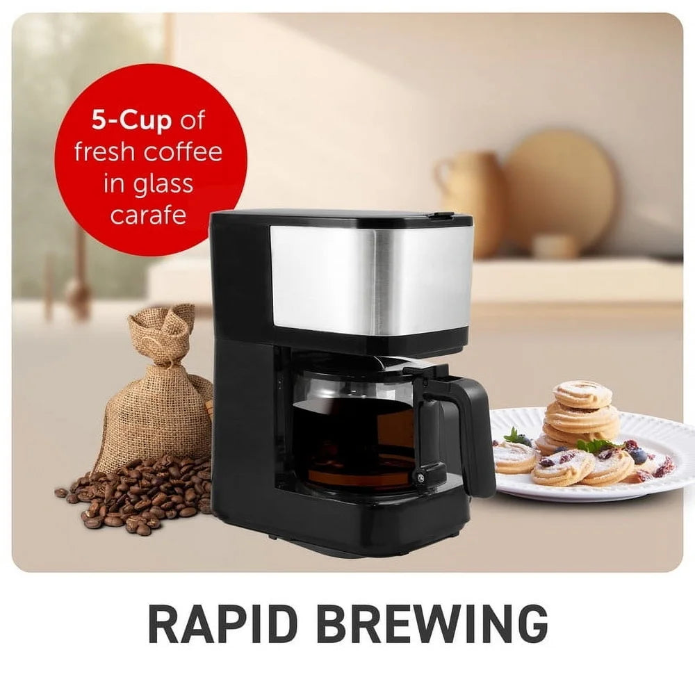 Stainless Steel 5-Cup Coffee Maker Compact Design Pause N Serve Function Easy Clean Reusable Filter Ideal Home Office RV