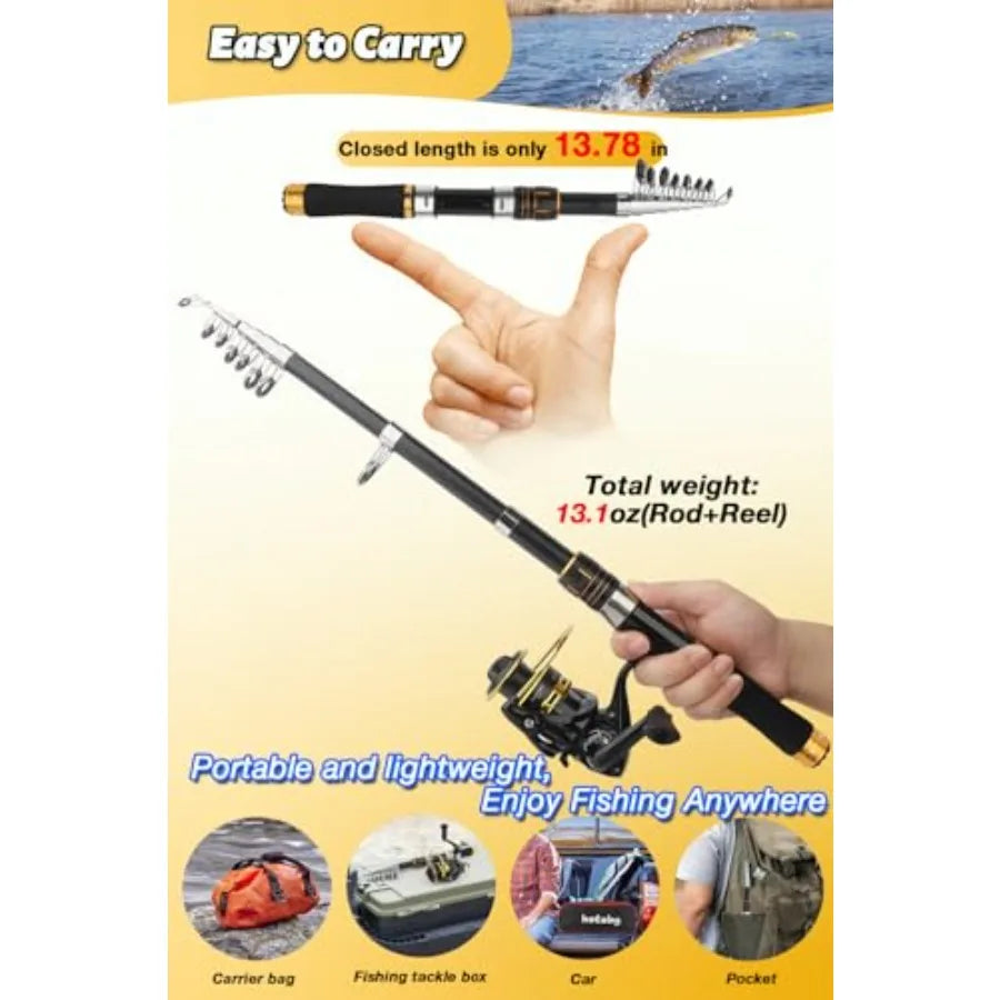 Fishing Pole Combo Set 6.89ft Carbon Fiber Telescopic Fishing Rod and Reel Combo with Spinning Reel Fishing Pliers Lip Gripper