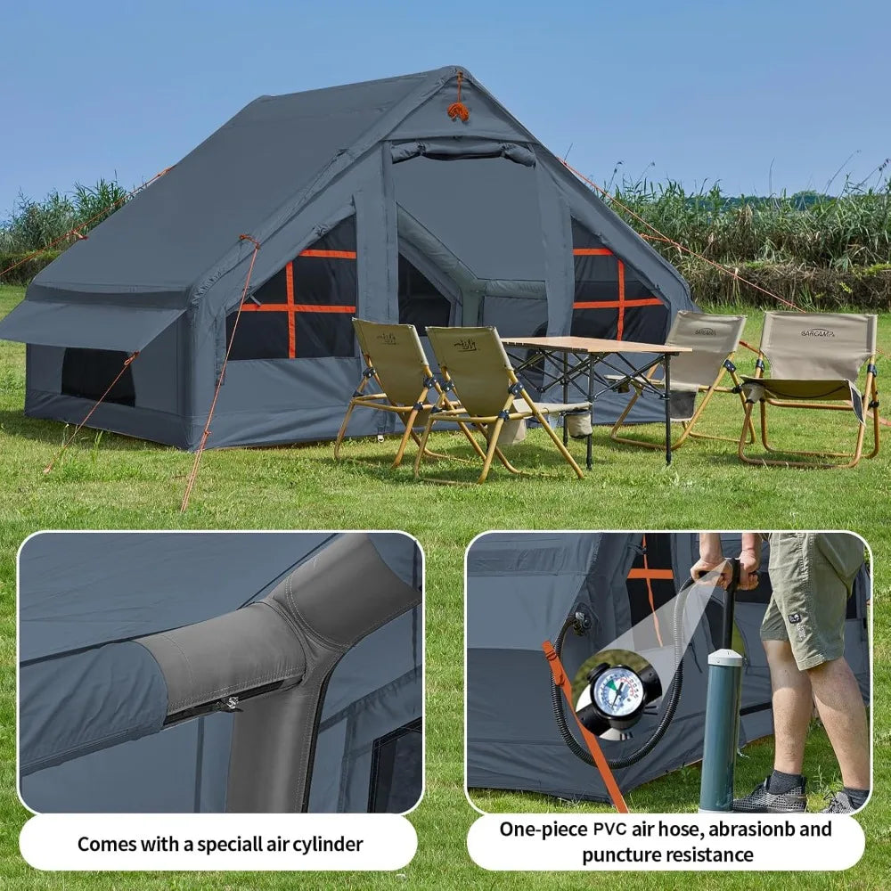 inflatable tent with pump,4-6 person instant glamping camping tents house, easy setup blow up family tents for 4 seasons