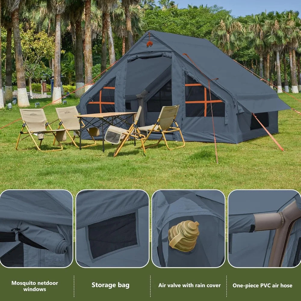 inflatable tent with pump,4-6 person instant glamping camping tents house, easy setup blow up family tents for 4 seasons