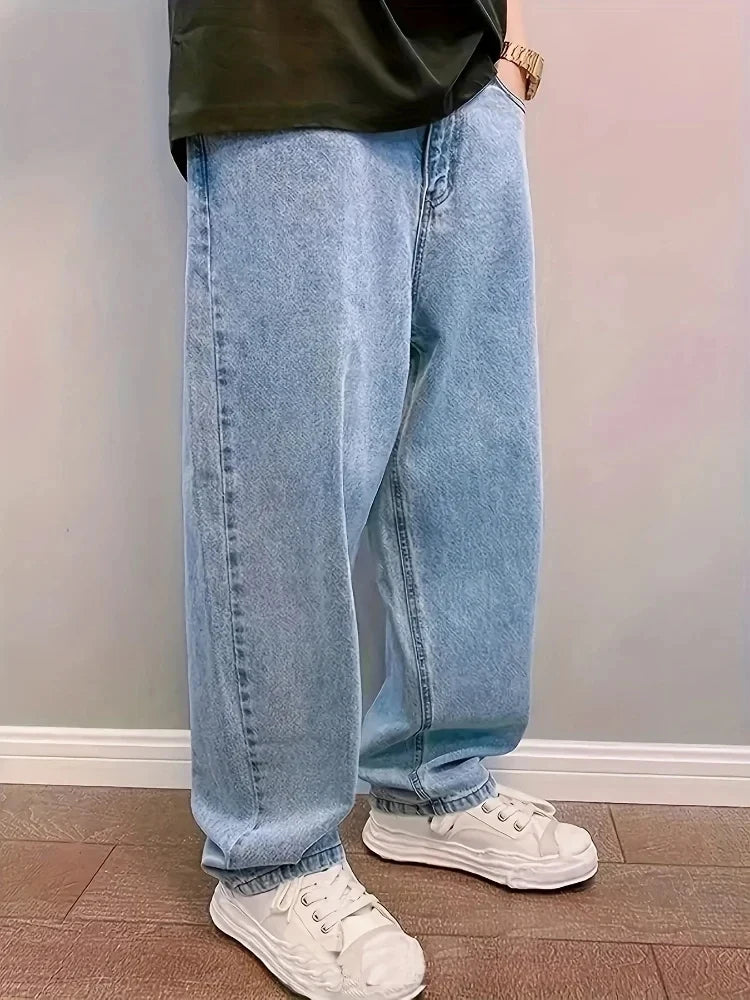 Y2k Oversize Fashion Baggy Jeans Mens Loose Straight Streetwear Hip Hop Denim Trousers Washed Trendy Wide Leg Pants Light Blue