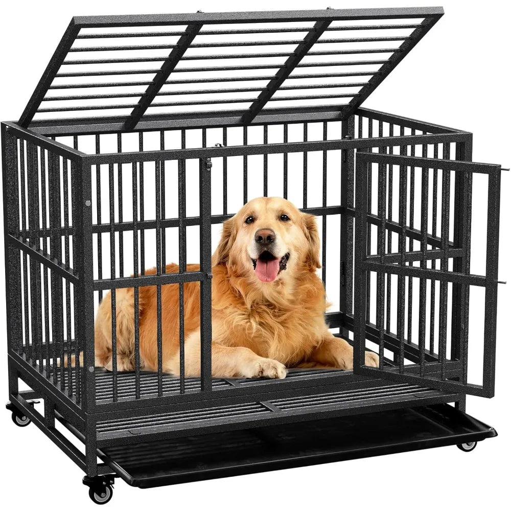 dog crate with removable tray, 37/42/46 inch indestructible and escape proof steel dog cage kennel for high anxiety dogs, heavy