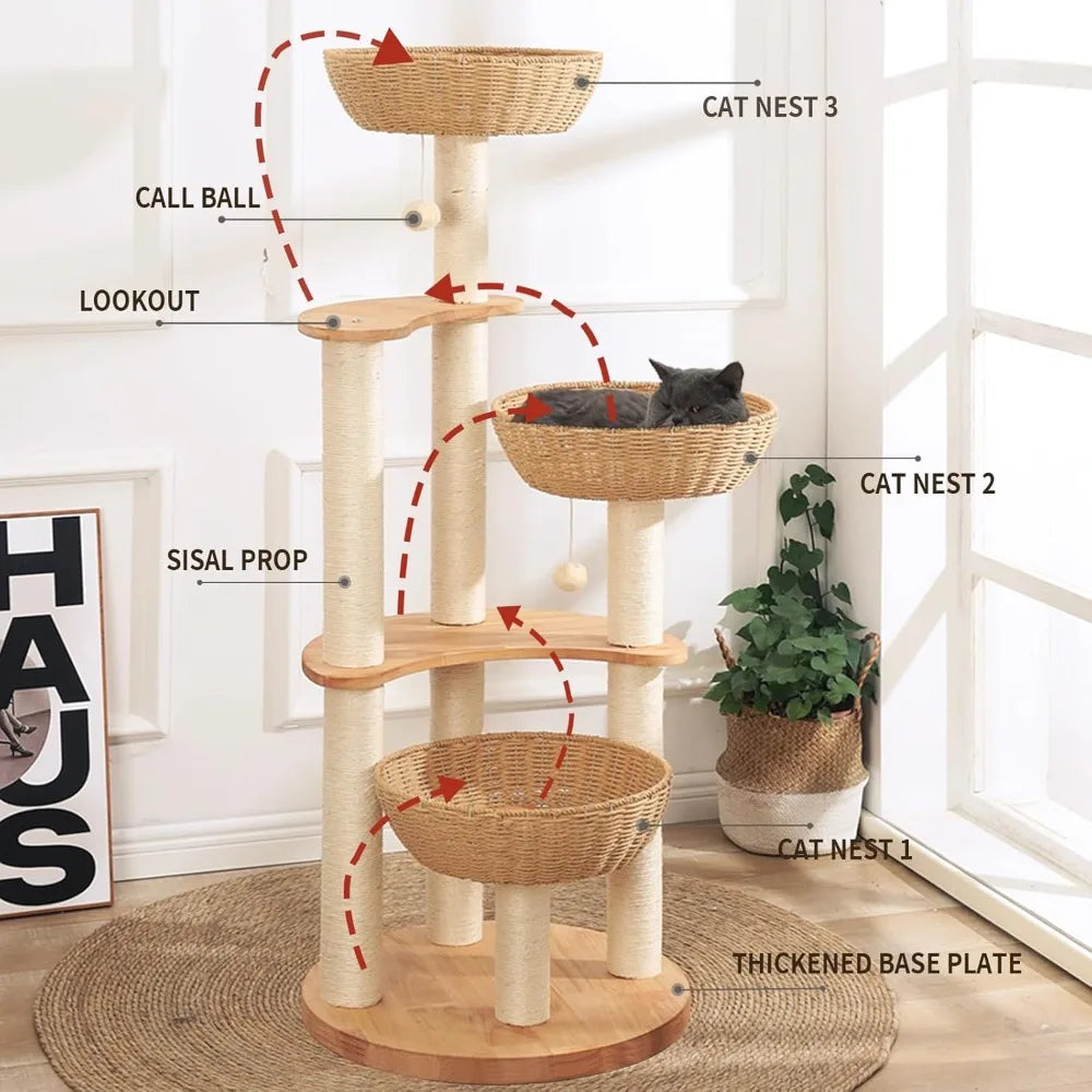 Indoor Cat Tree Tower for Multiple Large Cats, Handcrafted Oak Scratching Post, Luxurious Woven Cat Condo