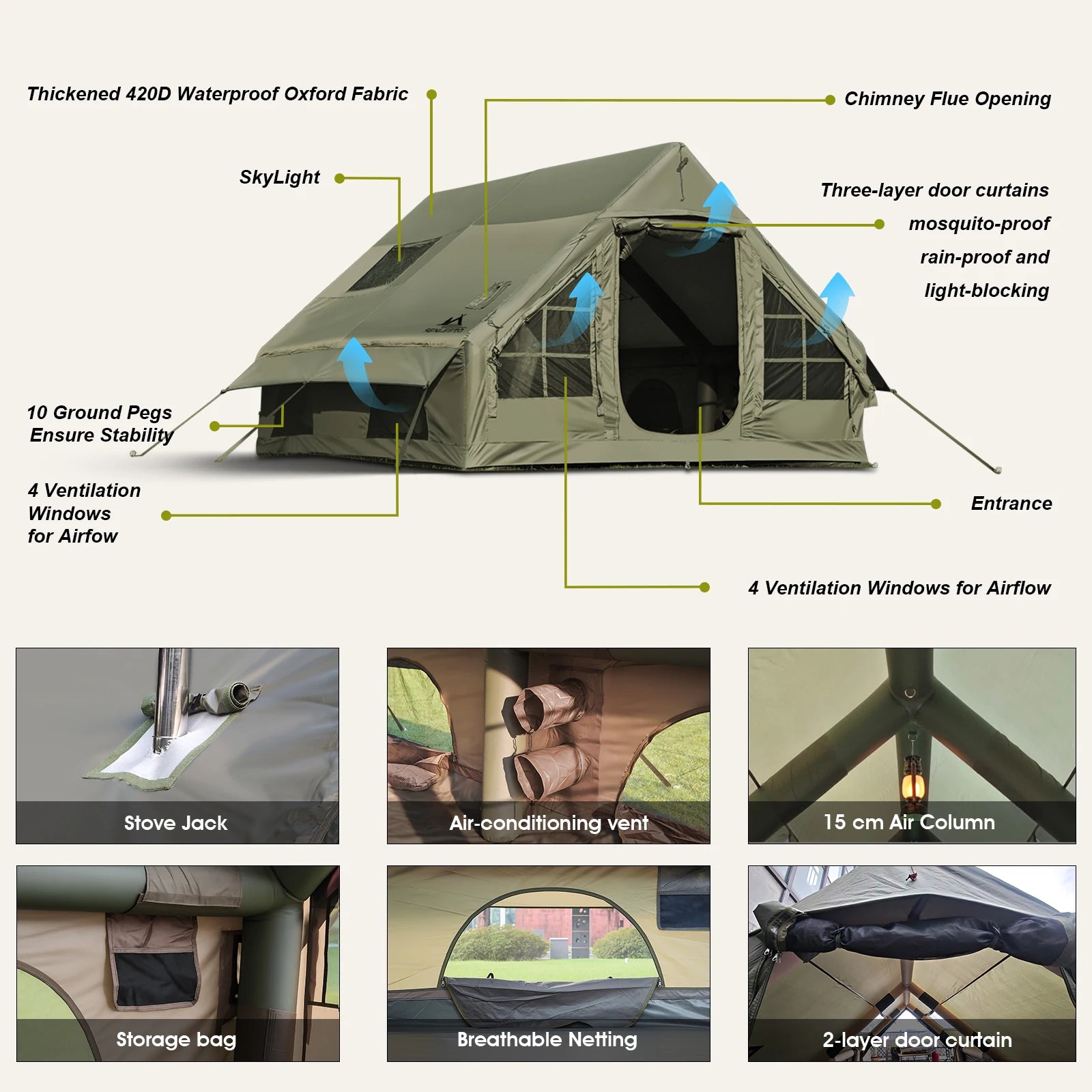 Army Green Waterproof Windproof Inflatable Tent for Camping,4 Season Air Glamping Tent House with Chimney Opening,AC Vent