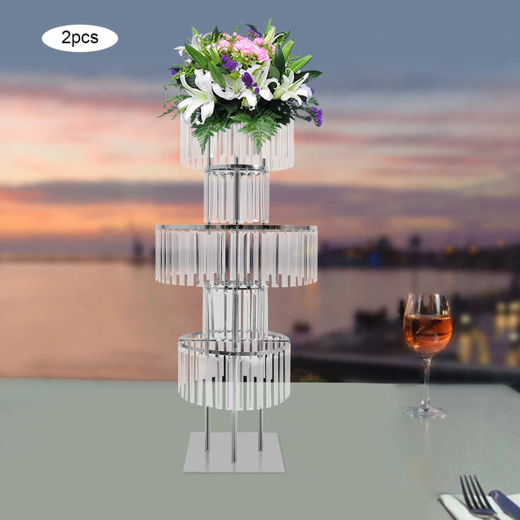 2Pcs 43.3" Silvery Acrylic Flower Vase 5 Tiers Wedding Centerpieces Vase,W/ Hanging Crystals, for Party Hotel Table Decoration