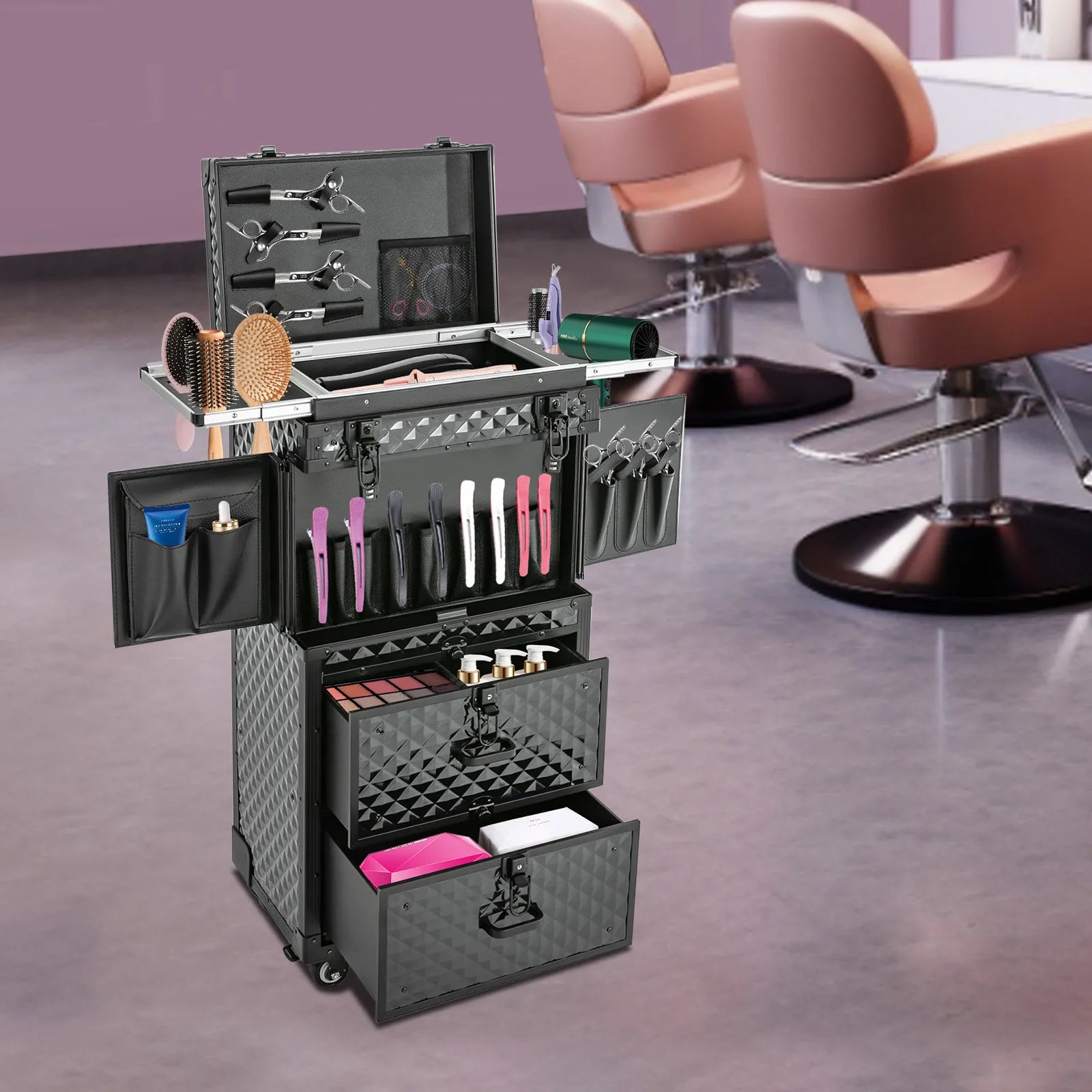 82 * 39cm Rolling Makeup Case Travel Make Up Case  Rolling Beauty Salon Storage with Hair Dryer Holder and 4 Universal Wheels